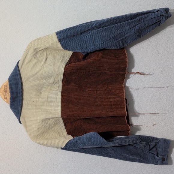 HYFVE Colorblock Corduroy Semi Cropped Jacket Raw Hem Blue Brown White size Med - Picture 9 of 9